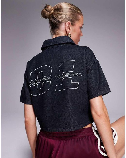 Liquor N Poker Blue Relaxed Denim Varsity Shirt