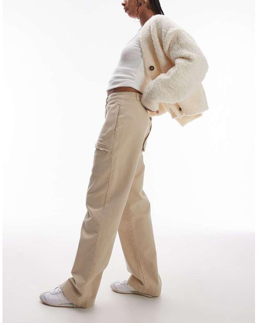 Pantaloni Dritti A Vita Bassa Color Pietra Con Tasche Smerlate di TOPSHOP in Natural