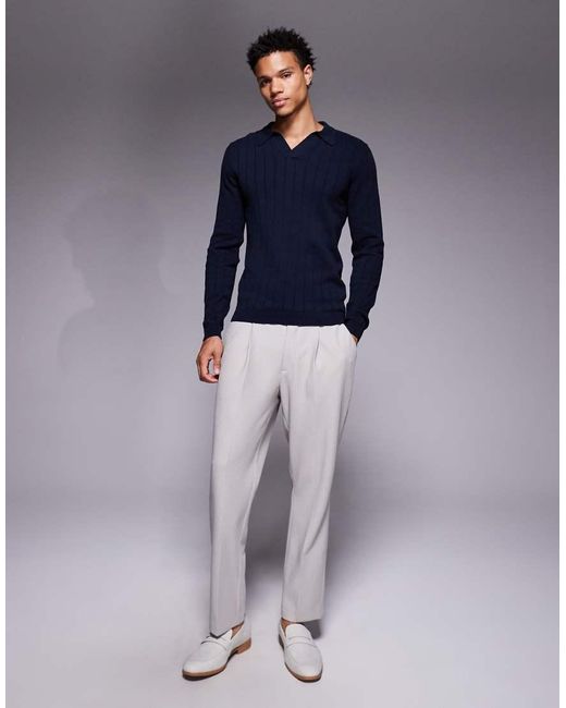 ASOS Blue Muscle Fit Long Sleeve Knit Ribbed Notch Neck Polo for men