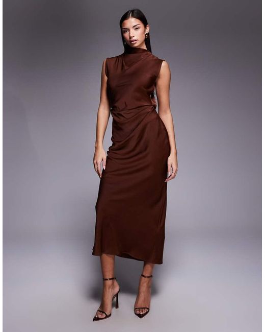 ASOS Brown Satin High Neck Pleated Bodice Midi Dress