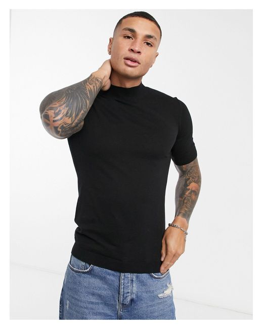 ASOS Knitted Muscle Fit Turtle Neck T-shirt in Black for Men | Lyst