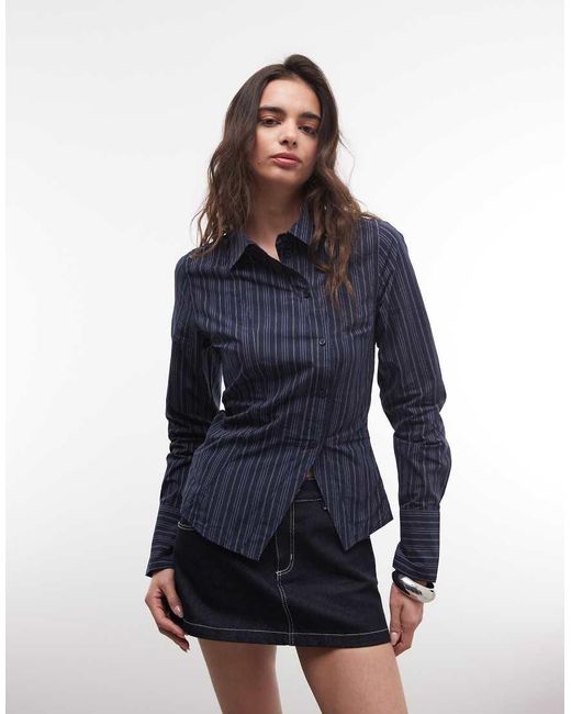 Weekday Asymmetrisch Gestreept Overhemd Met Split in het Blue
