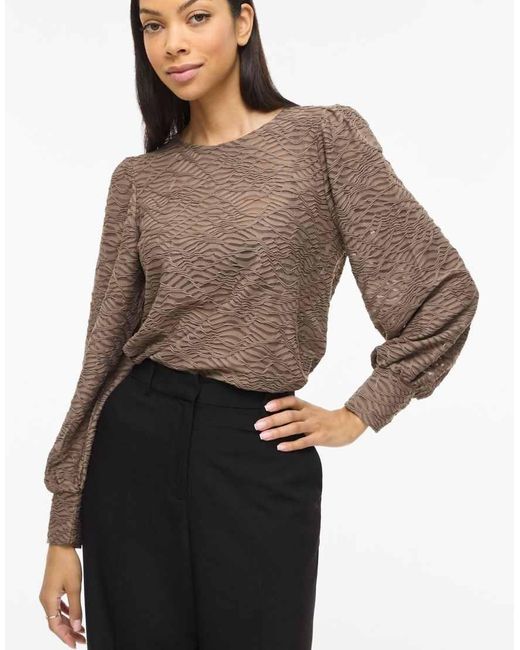 Vila Brown Long Sleeve Round Neck Blouse With Texture