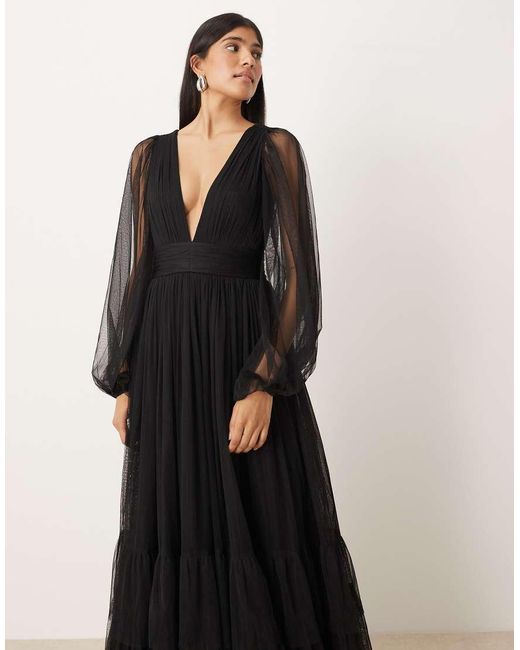 LACE & BEADS Black Bridesmaid Long Sleeve Maxi Dress