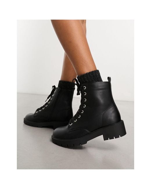 New Look Black Wide Fit Pu Contrast Stitch Lace Up Boots