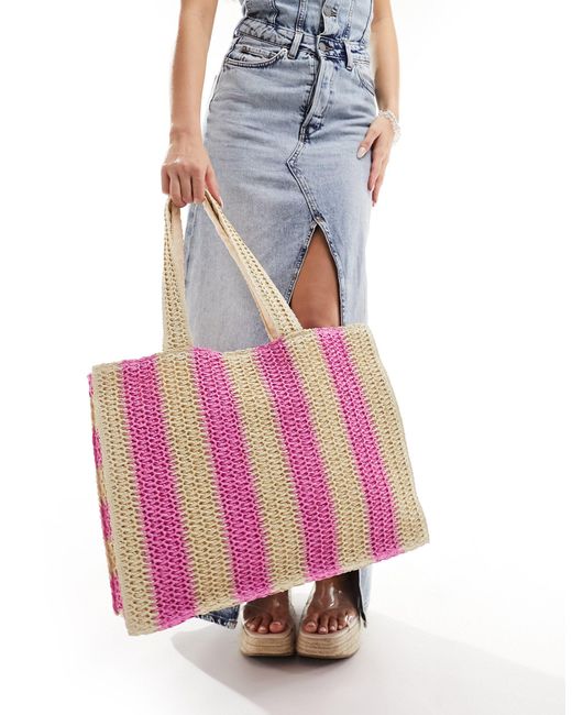 South Beach Pink Striped Straw Woven Shoulder Tote Bag