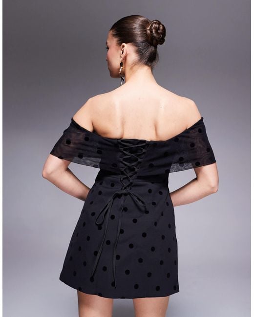 Murci Black Exclusive Polka Dot Mesh Bardot Plunge Neck Mini Dress