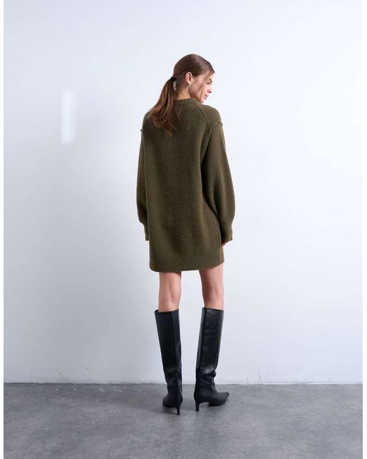 TOPSHOP Pluizige Gebreide Mini Jurk Met Ronde Hals in het White