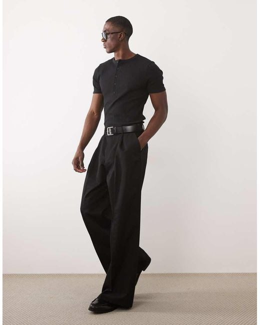ASOS Black Muscle Fit T-shirt With Henley Neck for men