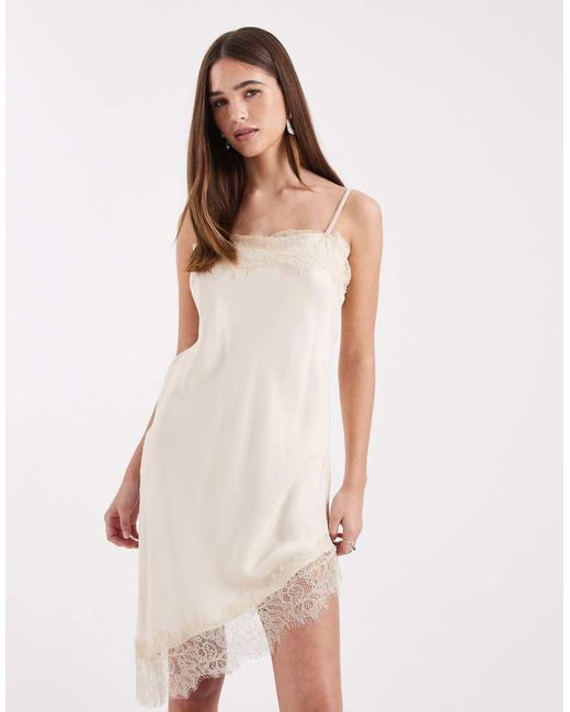 ASOS Natural Satin Lace Trim Asym Mini Dress