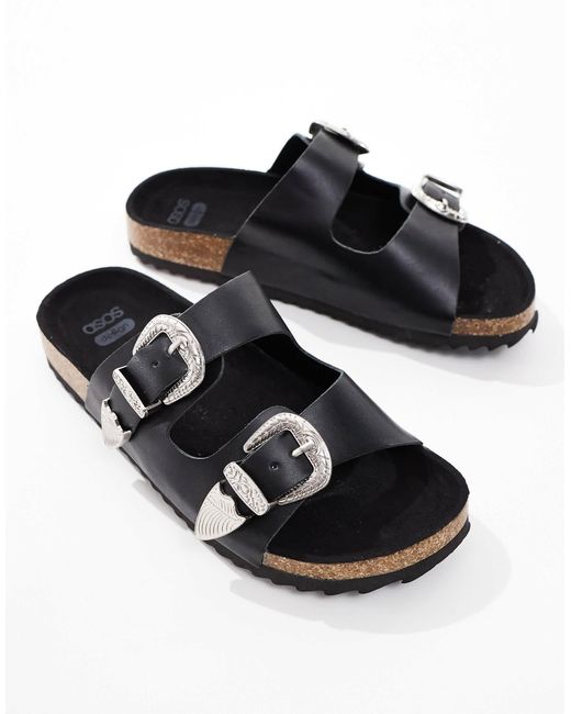 Asos Design Wide Fit Natural Famous Double Strap Western Sandals