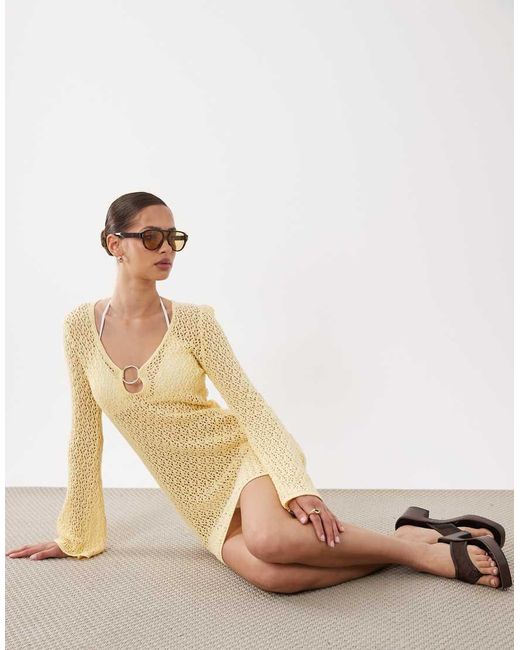 New Look Natural Ring Detail Crochet Kaftan