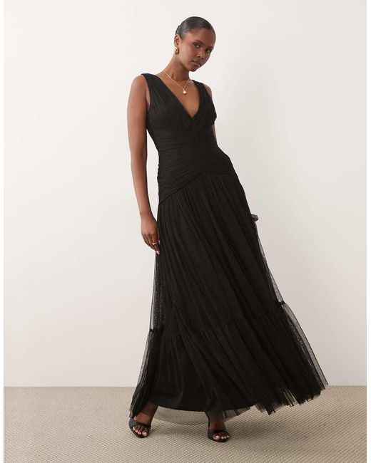 LACE & BEADS Black Bridesmaid Tulle Sleeveless Dropped Waist Tiered Hem Maxi Dress