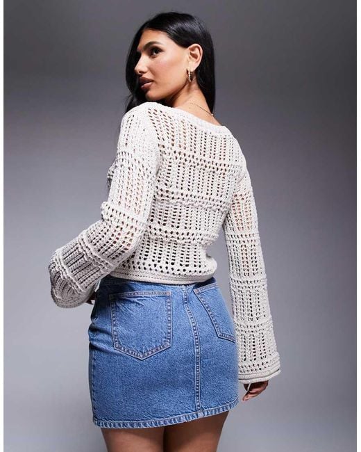 River Island Gray Crochet Long Sleeve Crop Top