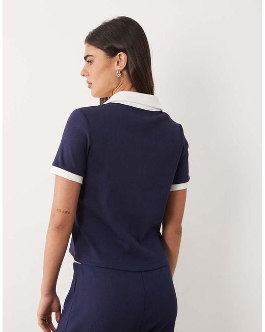 4th & Reckless Blue Cotton Ribbed Logo Front Collared Contrast Trim Polo Top Set