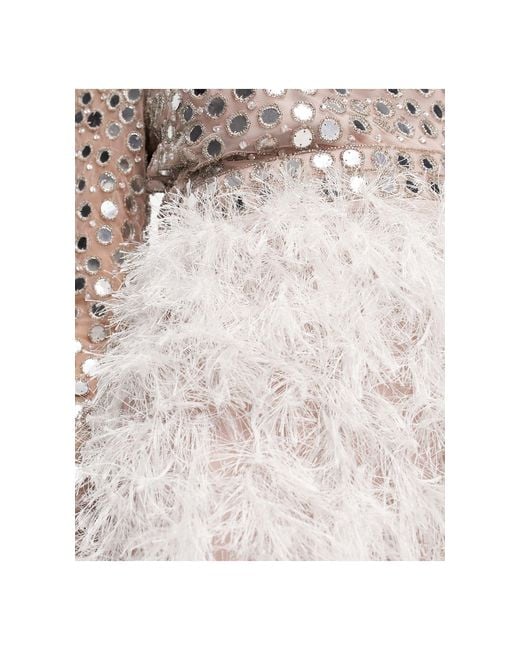 ASOS White High Neck Sequin Faux Feather Trim Mini Dress