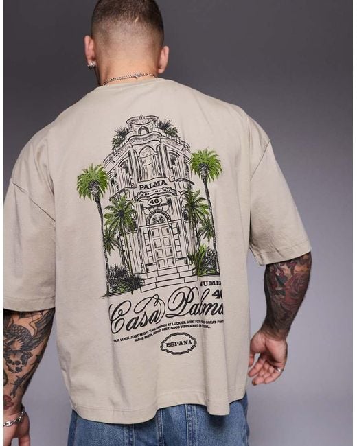 T-Shirt Oversize Squadrata Chiaro Con Stampa Sul Davanti E Sul Retro di ASOS in Gray da Uomo