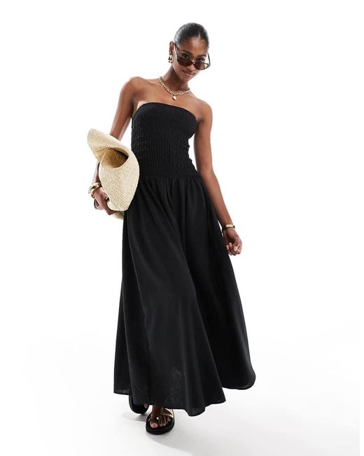 Brave Soul Black Bandeau Midi Dress With Shirred Bust