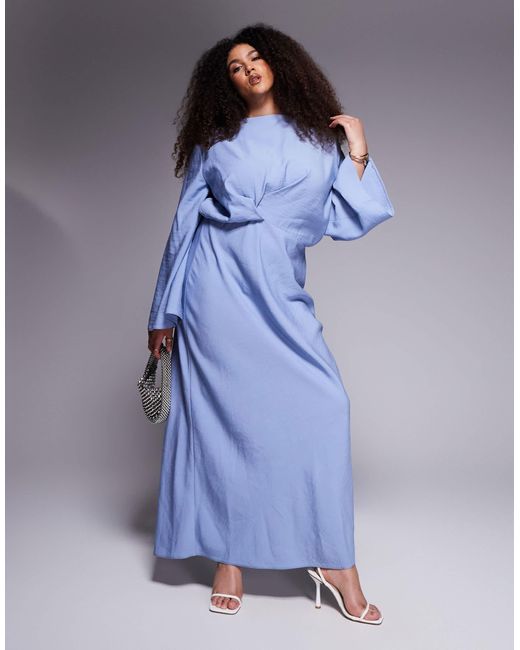 Asos design curve - robe longue satinée en biais avec manches longues et taille pincée - délavé ASOS en coloris Blue