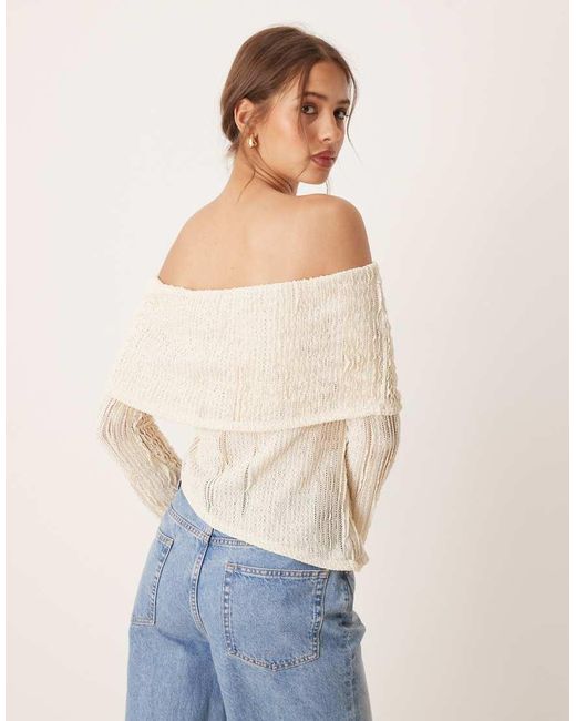 ASOS Natural Crochet Semi Sheer Bardot Top With Asymmetric Hem
