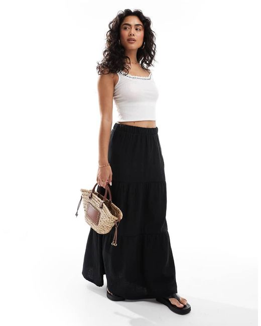 Falda Midi Negra Escalonada De Estilo Boho De Pieces de color Black