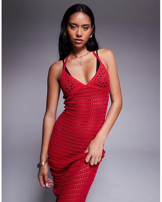 The Frolic Red Exclusive Crochet Halterneck Maxi Dress