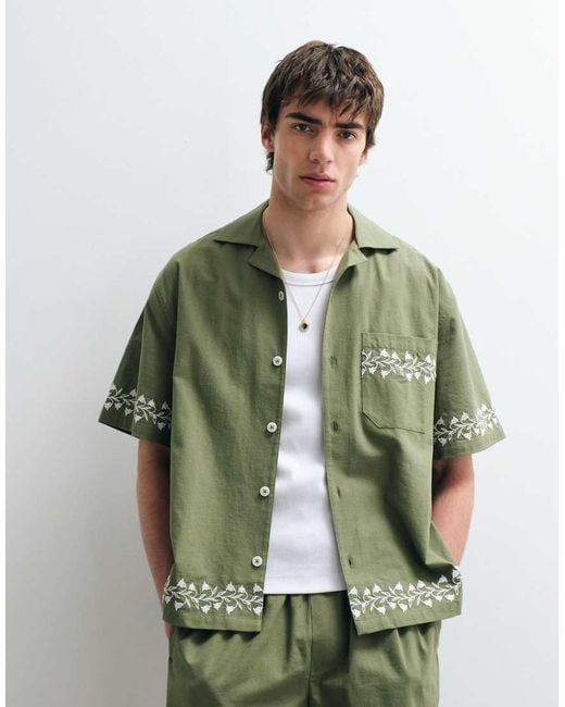 ASOS COLLECTIVE Green Relaxed Fit Cotton-linen Blend Embroidered Shirt for men