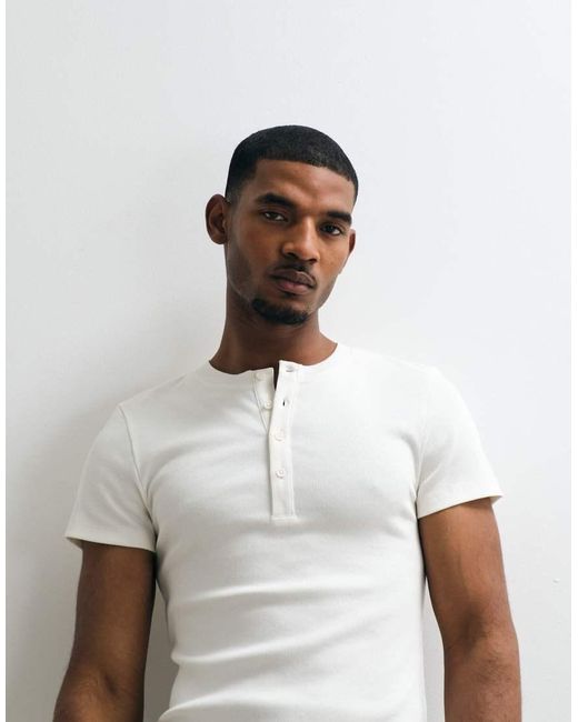 Collusion White Fitted Short Sleeve Henley Top for men