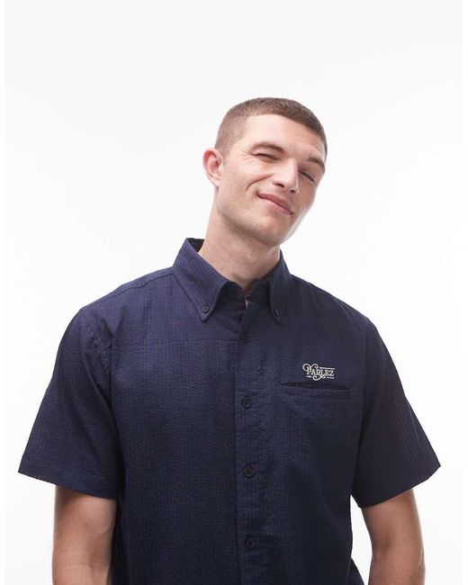 Parlez Blue Azura Logo Detail Seer Sucker Shirt Co-Ord for men