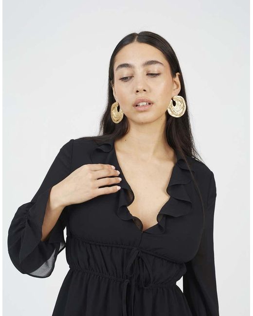 Brave Soul Black Frill Detail Ruched Mini Dress