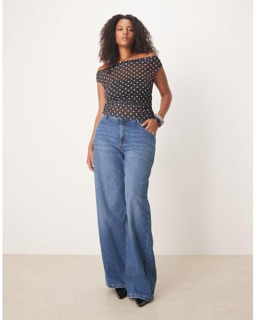 ASOS Blue Asos Design Curve Gathered Short Sleeve Off The Shoulder Mesh Top