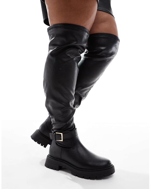 ASOS Black Curve Kirby Buckle Detail Flat Over The Knee Boots
