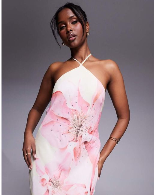 River Island Maxi Jurk Met Halternek, Versierd Detail En Bloemenprint in het Pink