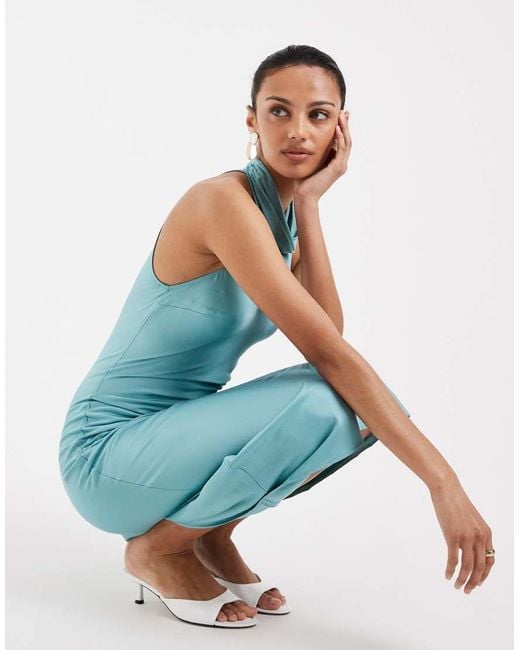 & Other Stories Blue High Neck Sleeveless Satin Maxi Dress