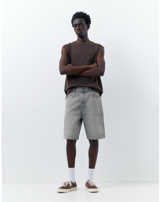 Pull&Bear White Baggy Denim Bermuda Shorts for men