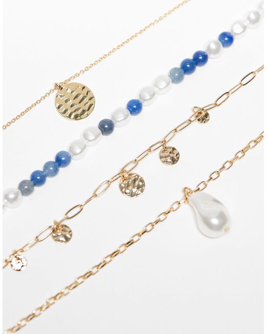ASOS White – 4er-pack halsketten mit zierperlen und blauen halbedelstein-perlen