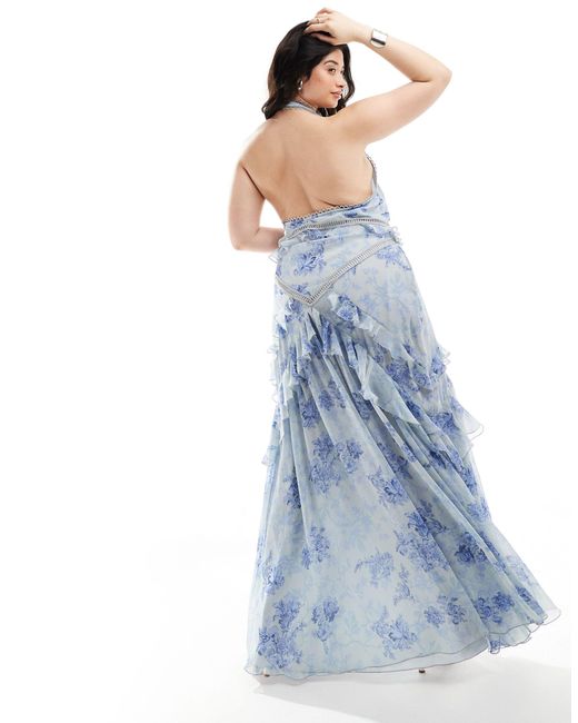 Asos design curve - robe longue volantée dos nu avec empiècements en dentelle et bordures festonnées - imprimé fleurs vintage ASOS en coloris Blue