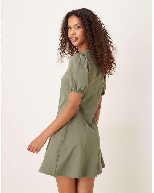 Vestito Corto Kaki Con Maniche A Sbuffo Con Cuciture A Vista di ASOS in Green