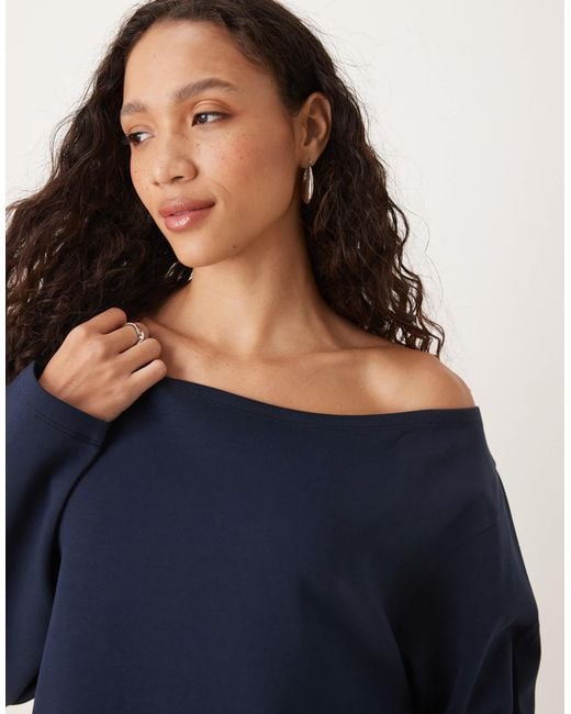 ASOS Blue Oversized Off Shoulder Interlock Sweatshirt