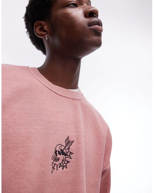 Topman Pink Oversized Fit Sweatshirt With Skull Tattoo Embroidery for men