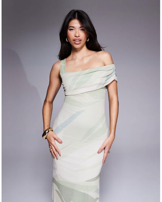 ASOS Gray – netzstoff-maxikleid mit streifenmuster und asymmetrisch geschnittenem bardot-ausschnitt mit einem camisole-träger