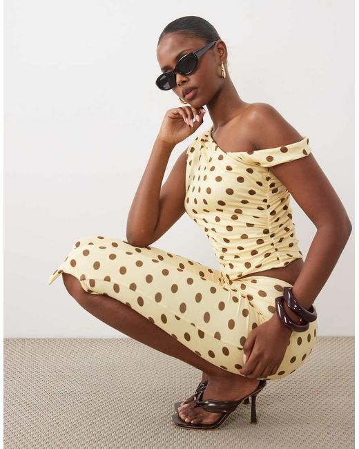 Missy Empire Natural Slinky Asymmetric Off Shoulder Ruched Detail Top Co-Ord