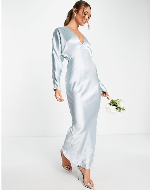 ASOS Bridesmaid Satin Bias Maxi Dress With Batwing Sleeve in Blue | Lyst Canada