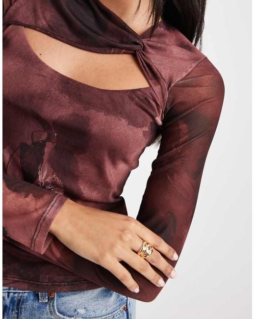 New Look Red Mesh Floral Cut Out Long Sleeve Top