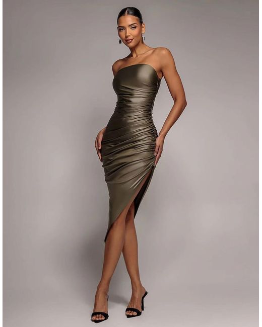Goddiva Brown Bandeau Faux Leather Midi Dress