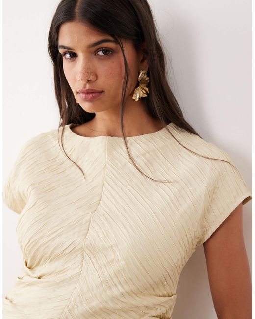 Aware Natural Structured Pleated Boat Neck Top