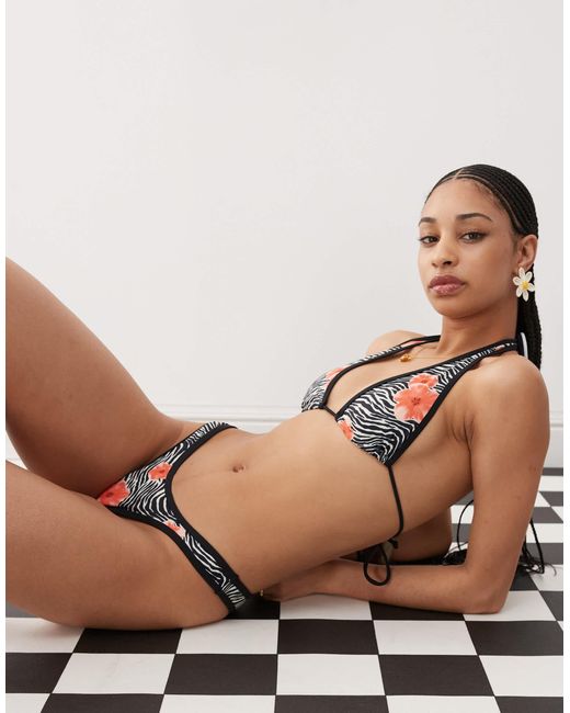 Motel Brown Cerry Floral Zebra Print Bikini Top