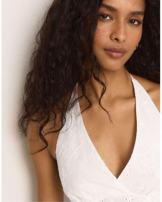 Stradivarius White Embroidered Halter Top