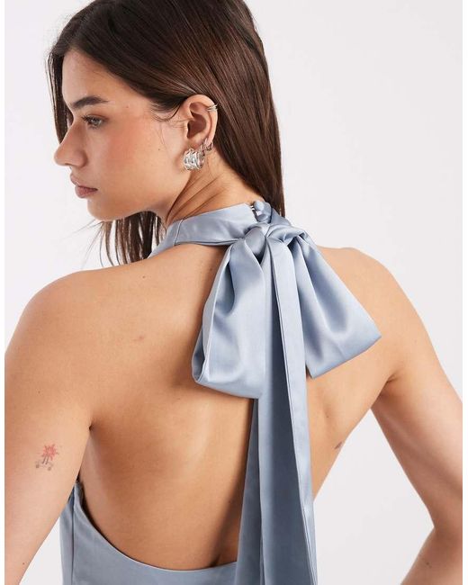 4th & Reckless Blue Satin Cowl Neck Low Back Maxi Dress
