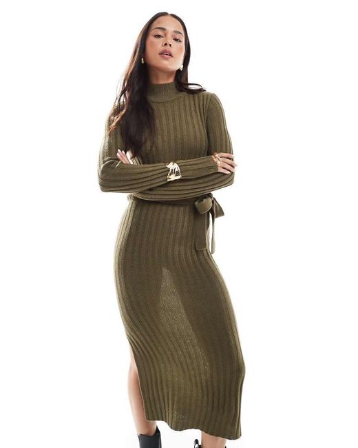 Brave Soul Green Knit Ribbed Turtleneck Midi Dress With Tie Belt
